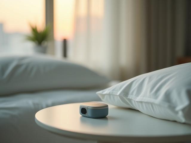 A modern, sleek sleep tracking device on a bedside table.