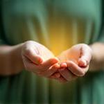 A person performing a simple, calm breathing exercise, surrounded by soft, glowing light, indicating mindfulness in action.