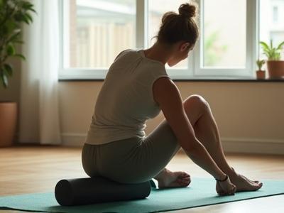 A person stretching after a workout, with a foam roller nearby, representing aid in recovery